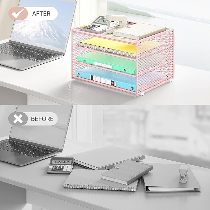 Lavatino 3-Tier Letter Tray Desk Paper Organizer – Pink Mesh Metal File Tray - Image 2