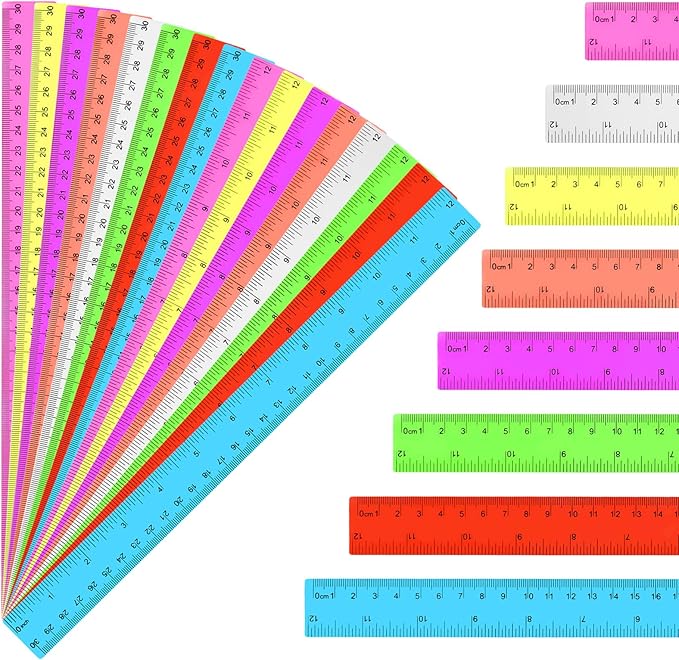 16 Pack Assorted Color Clear Rulers 12 inch, Plastic Ruler Bulks by Okxir