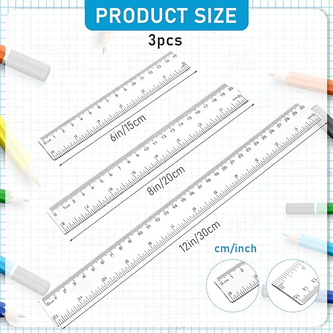 3 Pack 6 Inch 8 Inch 12 Inch Ruler Set Plastic Straight Ruler Transparent - Image 3