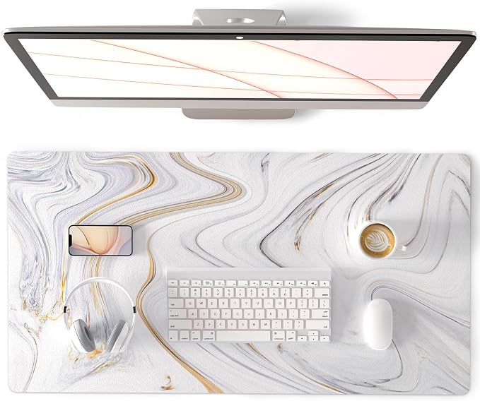 QIYI Large Mouse Pad, Cute Marble White Desk Mat, PU Leather Desk Protector by QIYI
