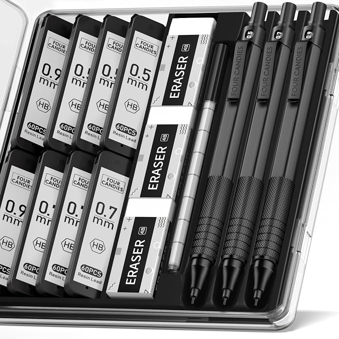 Four Candies Metal Mechanical Pencil Set, 3 Erasers, 9 Eraser Refills by FourCandies