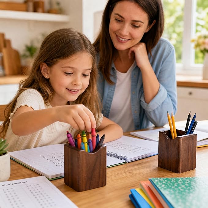 Wooden Pen Holder for Desk, 2 Pack Natural Wood Pencil Cup Holder – Office Desk - Image 3