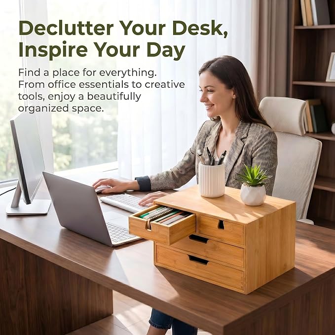 DEAYOU Bamboo Desk Organizer, 100% Natural Bamboo Desktop Drawer Organizer - Image 7