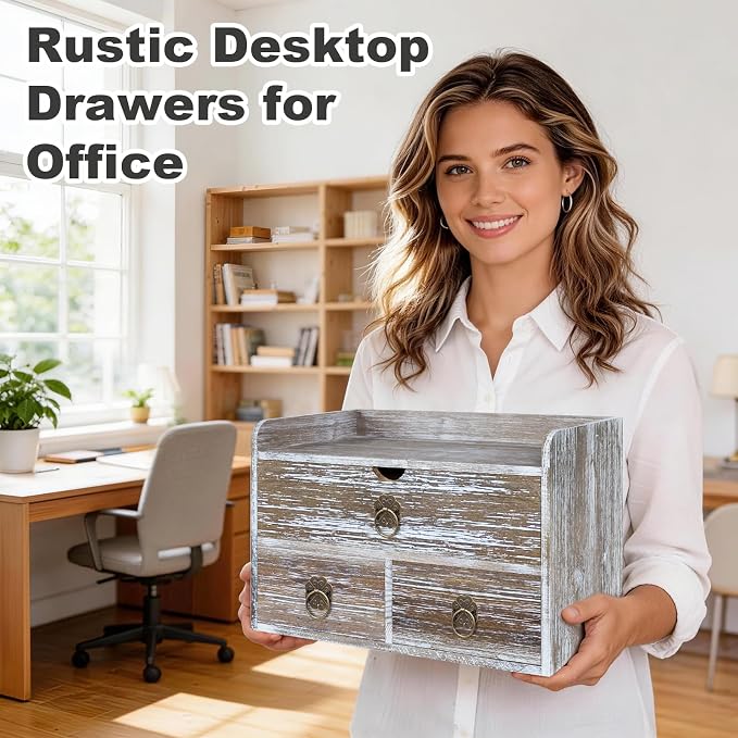 Wood Desk Organizer with Drawer, Washed Brown Wooden Desktop Organizer - Image 4