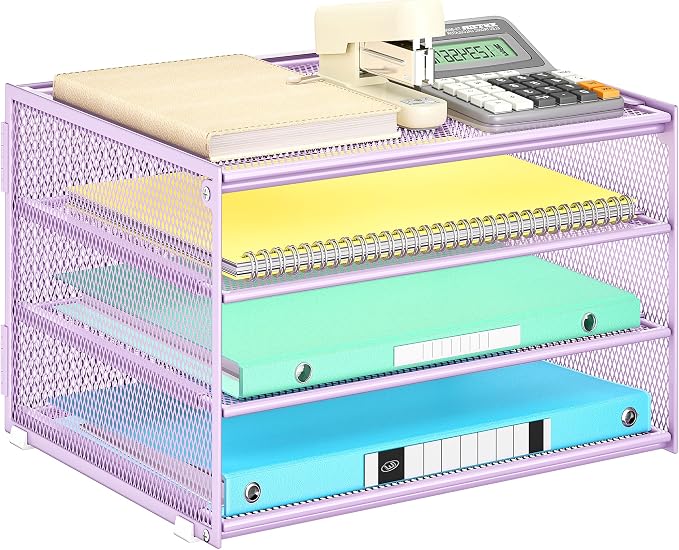 Lavatino 3-Tier Letter Tray Desk Organizer – Purple Mesh Metal Paper File Tray by Lavatino