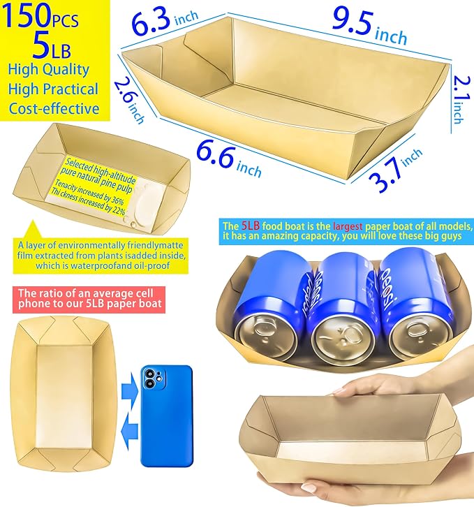 150 Pack 5LB Extra Large Paper Food Boats Trays Disposable Paper Boat Plate - Image 2