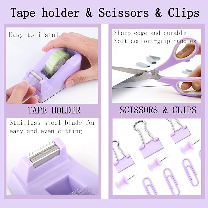 Dimonluce Purple Desk Accessories, Staple Remover, 1000 Staples, Clips Set - Image 3