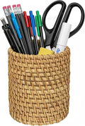 Wicker Rattan Pencil Holder, Cylindrical Desk Organizer Cup, Natural Brown by JANKOW