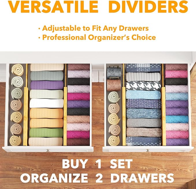 SpaceAid Bamboo 4 Pack Dresser Drawer Dividers, 4.65“ High Adjustable 12.5“-17” - Image 5