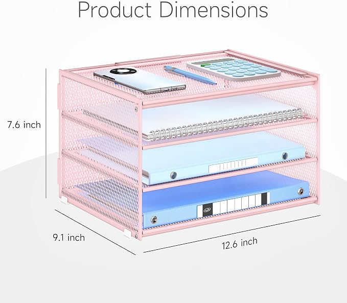 Lavatino 3-Tier Letter Tray Desk Paper Organizer – Pink Mesh Metal File Tray - Image 7
