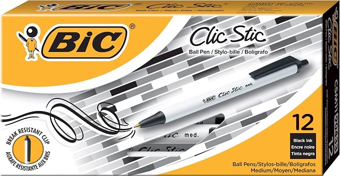 BIC Clic Stic Black Retractable Ballpoint Pens, Medium Point, 12-Count Pack - Image 2