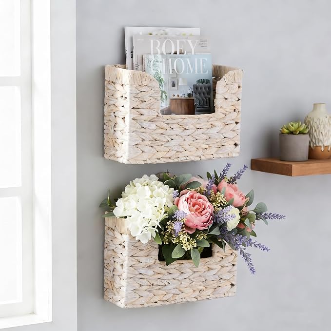 Set of 2 Magazine Holder Wall Basket Water Hyacinth Woven Mail Organizer - Image 3