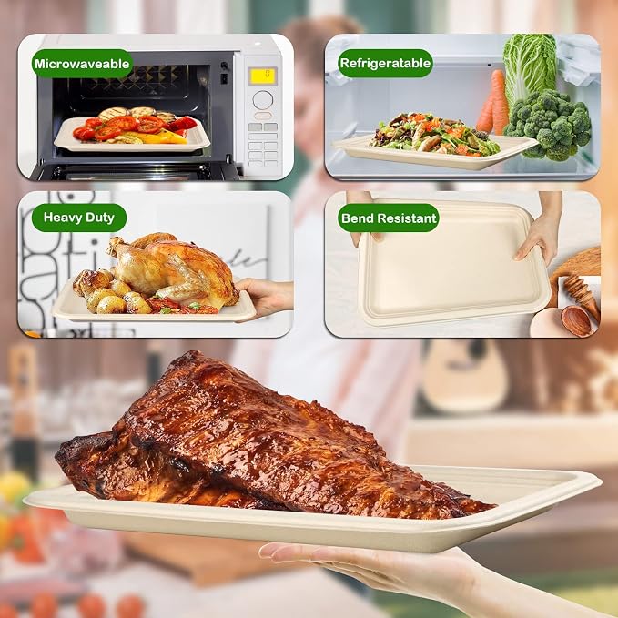 14 inch Large Paper Plates, 50 Pack Disposable Trays, 100% Compostable Paper - Image 4