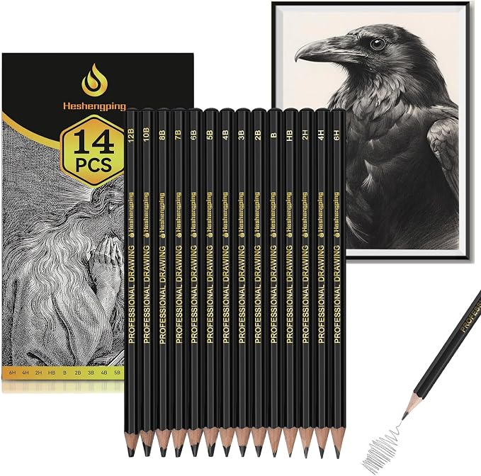 Heshengping Drawing Sketch Pencil Set 14pcs Sketching Pencils 12B 10B 8B 7B 6B by Heshengping