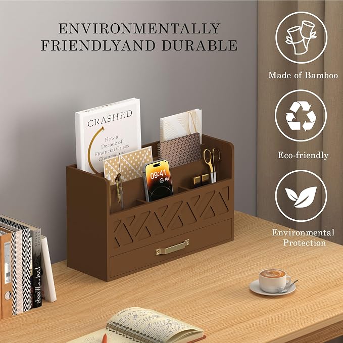 WISUCART Bamboo Mail Organizer Countertop Wood Desk Organizer Drawer Tabletop - Image 4