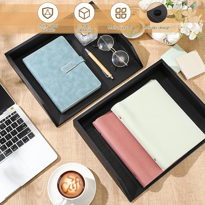 Beeveer 2 Pcs Black Wood Letter Tray Wooden Desk Paper Organizer 2 Tier - Image 4