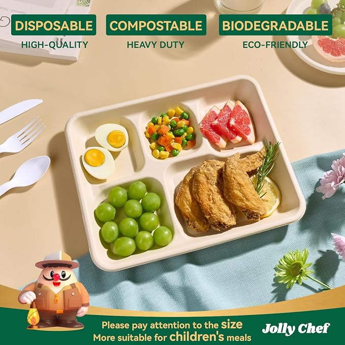 JOLLY CHEF Small Compostable 5 Compartment Paper Plates 10 * 8.25 * 1 inch 125 - Image 3