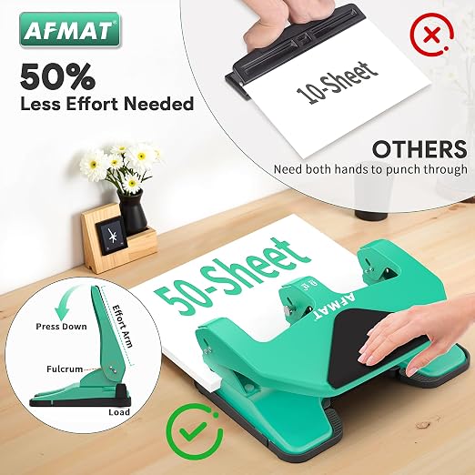 AFMAT Heavy Duty 3 Hole Punch, 50-Sheet Capacity, 50% Reduced Effort Three Hole - Image 2