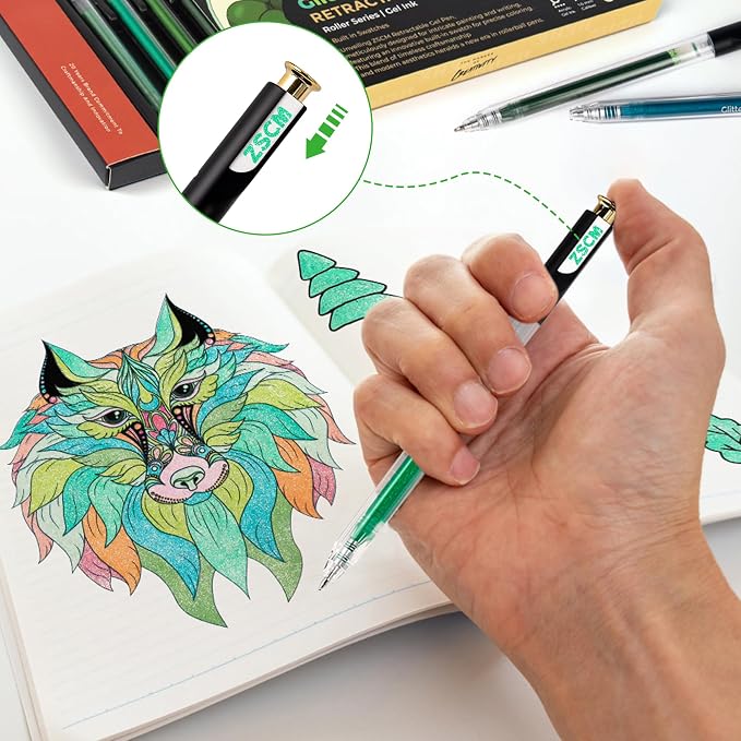 Retractable Glitter Gel Pens, 12 Colors Large Capacity Green Glitter Metallic - Image 6