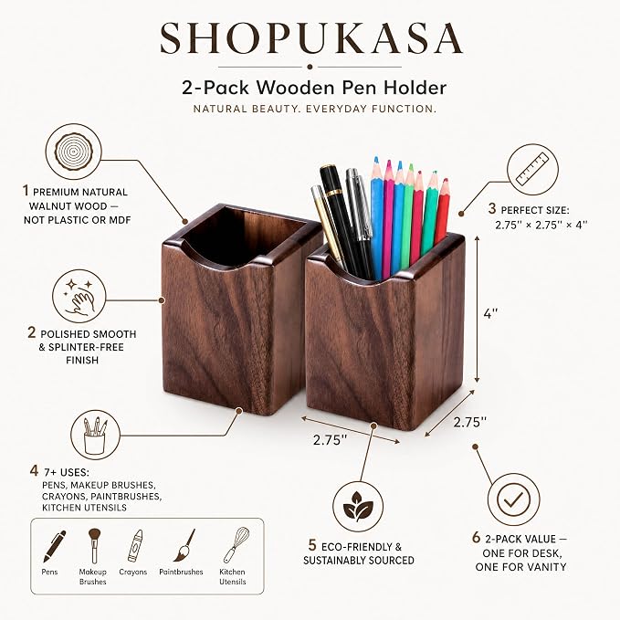 Wooden Pen Holder for Desk, 2 Pack Natural Wood Pencil Cup Holder – Office Desk - Image 2