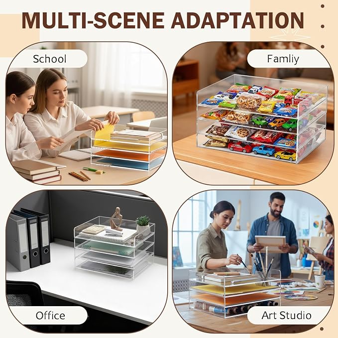 Harloon 4 Tier Acrylic Paper Tray Organizer, Heavy Duty Stackable Clear - Image 6
