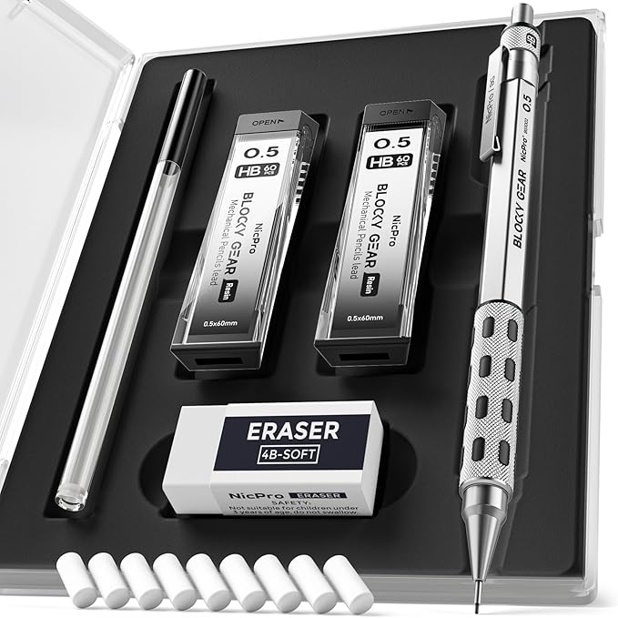 Nicpro Blocky Gear 0.5 mm Mechanical Pencil Set in Case, Metal Pencil by Nicpro