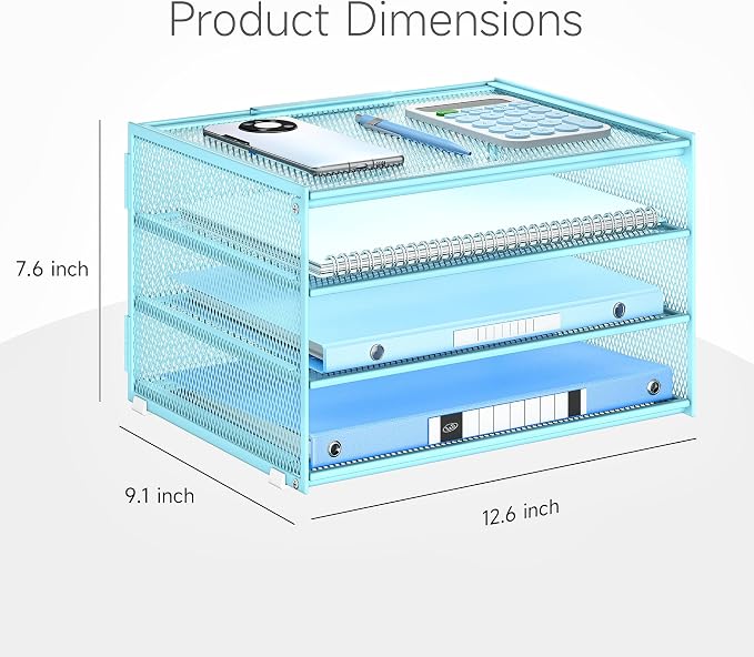 Lavatino 3-Tier Letter Tray Desk Paper Organizer – Blue Mesh Metal File Tray - Image 7
