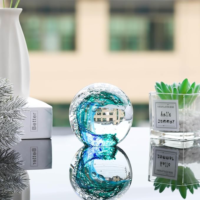 Qianwei Ocean Waves Hand Blown Glass Decor Crystal Ball Sea Figurines Gifts | - Image 3