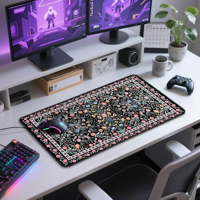 Black Floral Desk Mat, 31.5"x15.7" Large Mouse Pad, Anti-Slip Rubber Base - Image 10