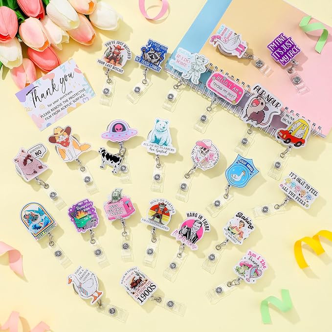 Feifeiya 24 Pcs Funny Badge Reel Nurse Cute Retractable Name ID Clip Badge - Image 5