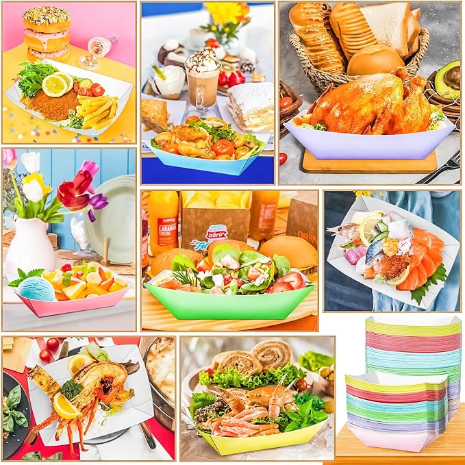 100 Pack Colorful 3LB Paper Food Boat Trays Disposable Paper Boats Plates - Image 5