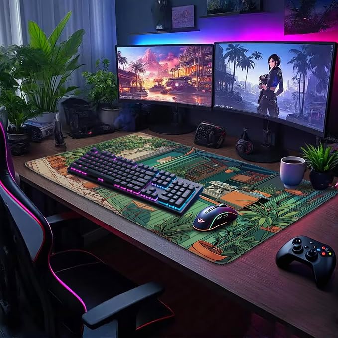 Japanese Coffee Shop Large Gaming Mouse Pad 31.5"x15.7"｜ Green Plant XXL Desk - Image 3