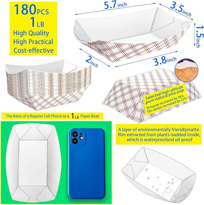 180 Pack Checkered 1Lb Paper Food Boat Trays Disposable Paper Boat Plates - Image 2
