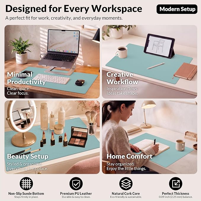 AFIING Leather Desk pad Protector, Light Blue, 35.4" x 17" | Dual-Sided Cork & - Image 6