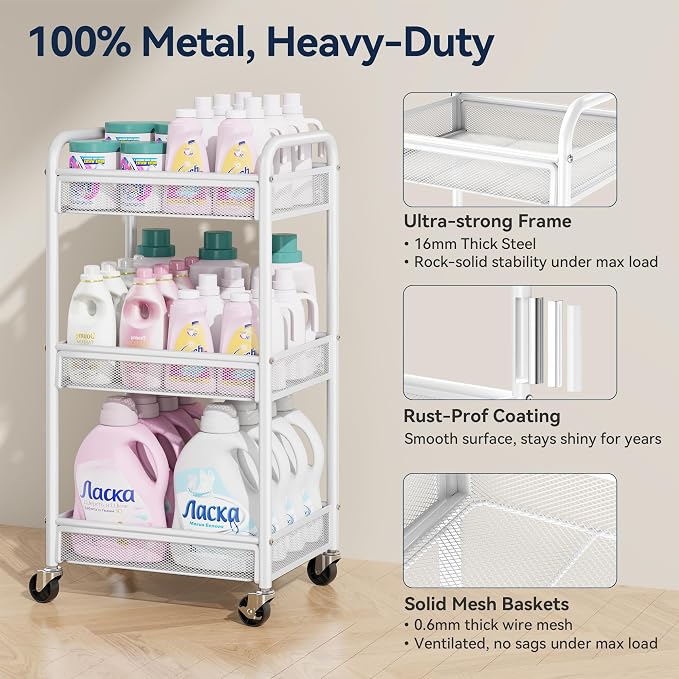 YASONIC 3 Tier Rolling Cart – Metal Utility Storage Carts - Image 2