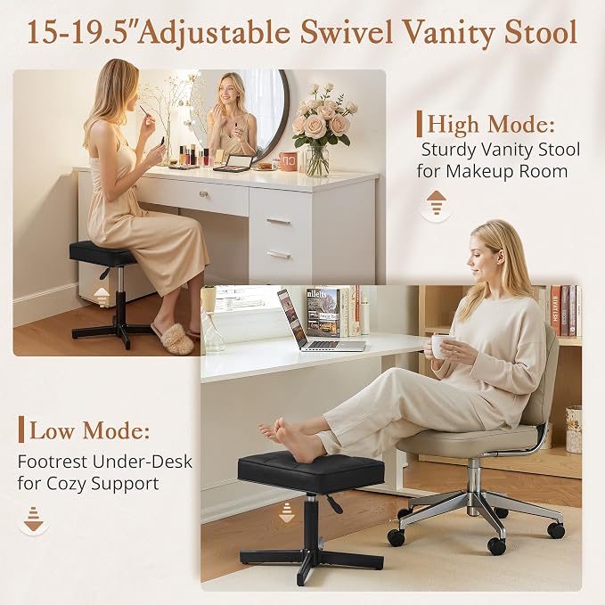 LUE BONA Adjustable Vanity Stool, Foot Rest Under Desk, 360° Swivel Vanity Chair - Image 3