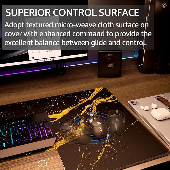 KTRIO Large Gaming Mouse Pad, Desk Mat, 31.5 x 15.7 in Black Gold, XXL | Smooth - Image 2