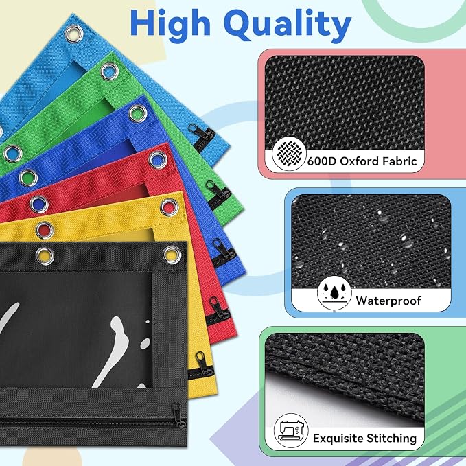 V-Opitos Pencil Pouch for 3 Ring Binder, Bulk 6 Pack 3-Holes Zipper Pencil - Image 4