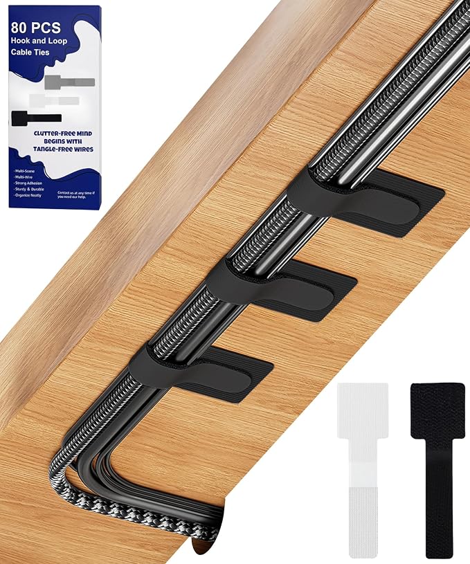 80PCS Hook and Loop Cable Ties, Under Desk Cable Management, Adhesive Cable by BTPIEL