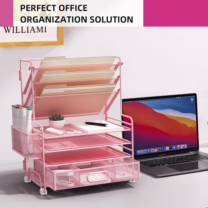 MINDEPOT 4-Tier Paper Organizer + 3-Pocket File Holder + Drawer + Pen Holders - Image 4