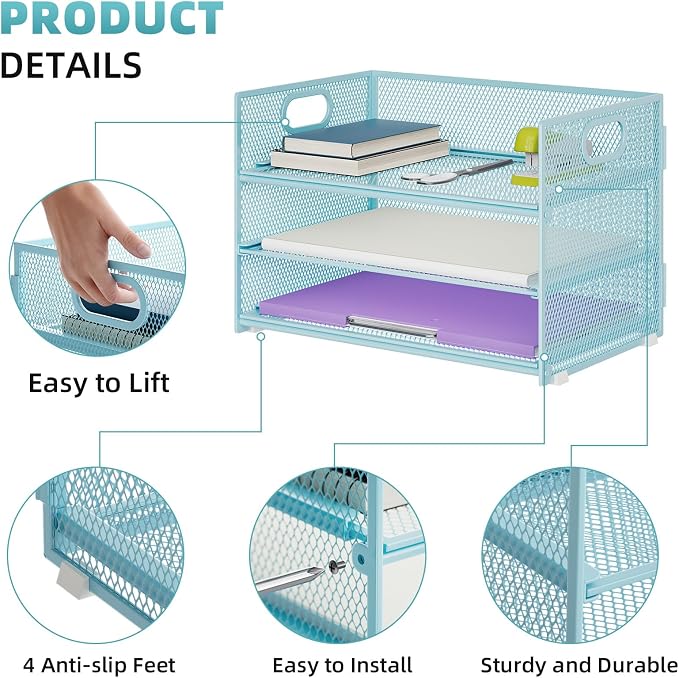 Marbrasse 3 Tier Paper Organizer Letter Tray, Mesh File Organizer - Image 3
