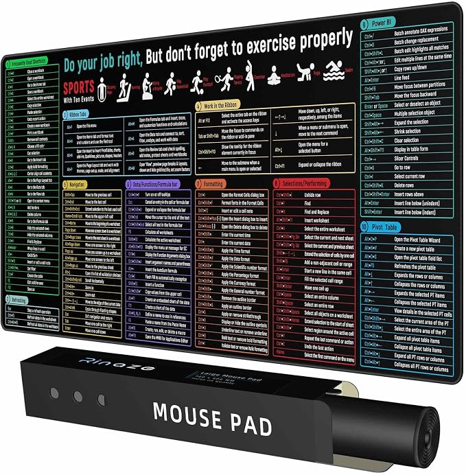 Rinaze Large Mouse Pad With Excel Shortcuts Cheat Sheet, Excel Tips Desk Mat by Rinaze