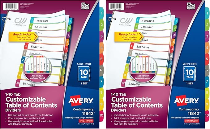 Avery Dividers for 3 Ring Binders, 10 Tabs per Set, Customizable Table of by Avery