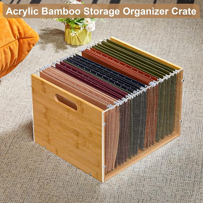 Sbanmao Clear Acrylic File Box Organizer, Bamboo Hanging Folder Storage Boxes - Image 4
