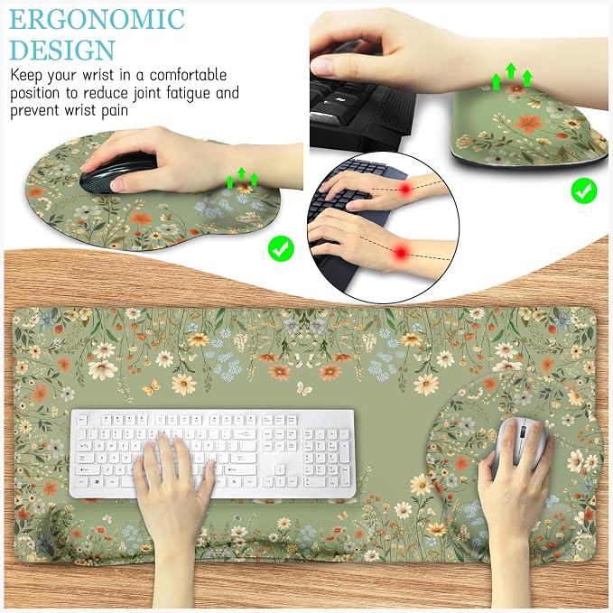 LIMKRIAN Floral Desk Mat Set, Cute Green Desk Accessories Gifts - Image 3