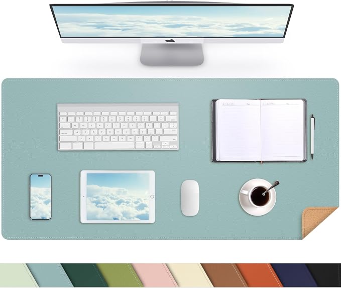 AFIING Leather Desk pad Protector, Light Blue, 35.4" x 17" | Dual-Sided Cork & by AFIING