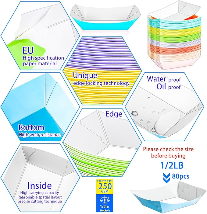 80 Pack Colorful 1/2Lb Paper Food Boat Trays Disposable Small Paper Boats - Image 3
