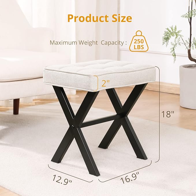LUE BONA Ottoman Foot Stool Vanity Stool, Square Linen X-Leg Foot Rest Ottoman - Image 2