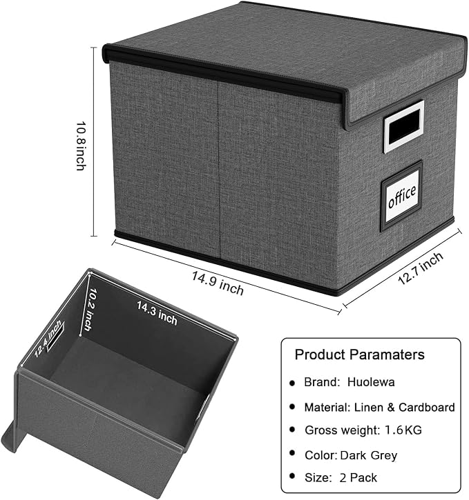 File Organizer Boxes with Lids, Linen Office Document Storage Boxes, Filing - Image 5