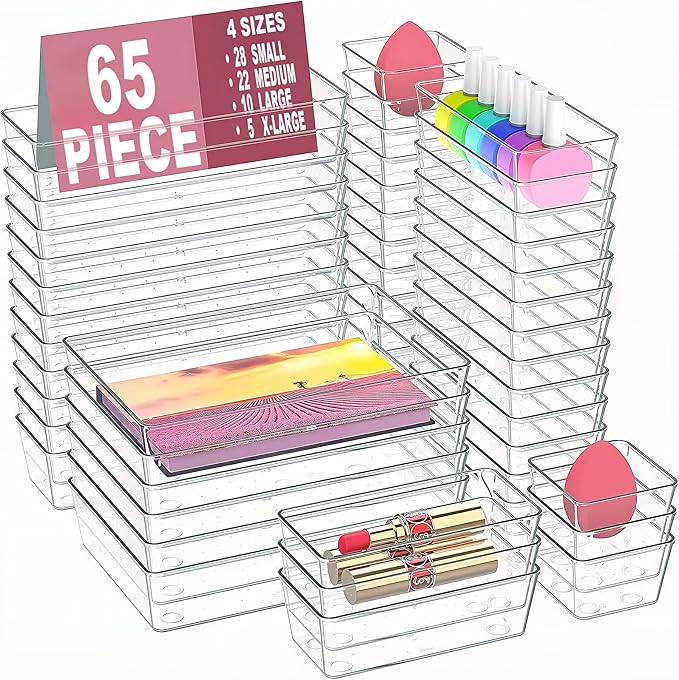 Manalete Drawer Organizers Set of 65, 4 Sizes Clear Plastic Drawer Organizers by Manelete